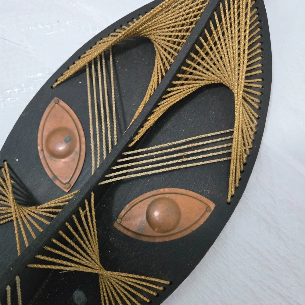 Vintage MCM African Inspired String Art Mask Wood Copper Wall Plaque 14